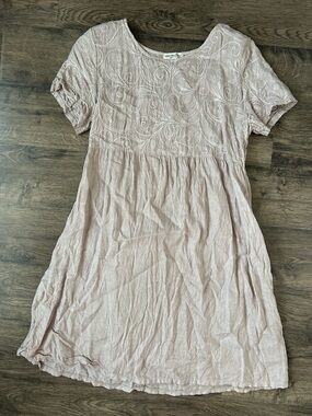 Light brown beige Embroidered Short Sleeve midi Women’s Dress 100% linen